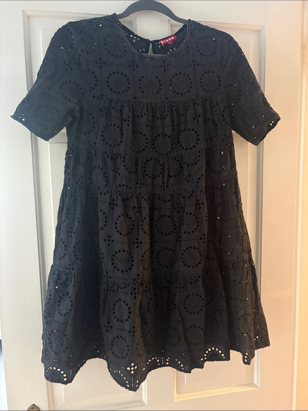 STAUD Black Eyelet Cotton Mini Dress